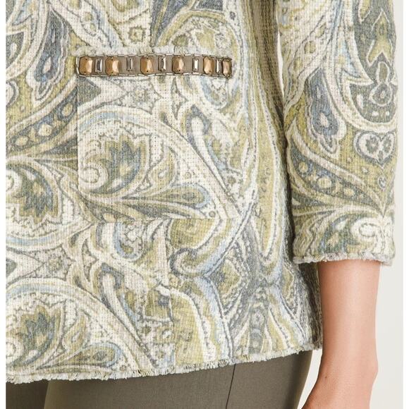 Chico's Sz 0 Embellished Heritage Soft Cotton Tweed Green Open Spring Jacket - Picture 3 of 14